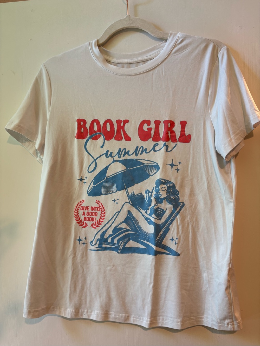 Book Girl Summer Graphic Tee - White with Red & Blue Print